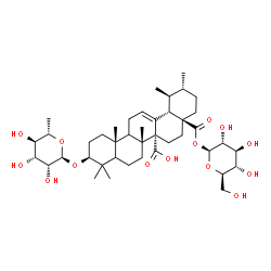 ChemSpider 2D Image | 1-O-{(3beta,5xi,9xi)-3-[(6-Deoxy-alpha-L-mannopyranosyl)oxy]-27-hydroxy-27,28-dioxours-12-en-28-yl}-beta-D-glucopyranose | C42H66O14