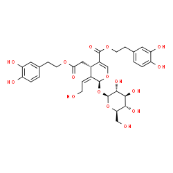 ChemSpider 2D Image | 2-(3,4-Dihydroxyphenyl)ethyl (2S,3Z,4S)-4-{2-[2-(3,4-dihydroxyphenyl)ethoxy]-2-oxoethyl}-2-(beta-D-glucopyranosyloxy)-3-(2-hydroxyethylidene)-3,4-dihydro-2H-pyran-5-carboxylate | C32H38O16