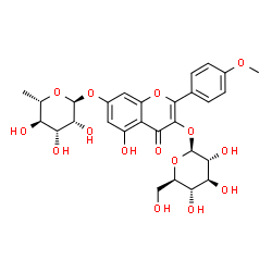 ChemSpider 2D Image | 7-[(6-Deoxy-alpha-L-mannopyranosyl)oxy]-5-hydroxy-2-(4-methoxyphenyl)-4-oxo-4H-chromen-3-yl beta-D-glucopyranoside | C28H32O15