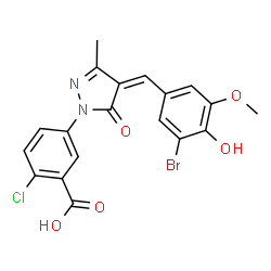 ChemSpider 2D Image | 5-[(4Z)-4-(3-Bromo-4-hydroxy-5-methoxybenzylidene)-3-methyl-5-oxo-4,5-dihydro-1H-pyrazol-1-yl]-2-chlorobenzoic acid | C19H14BrClN2O5