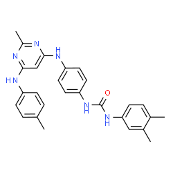 ChemSpider 2D Image | 1-(3,4-Dimethylphenyl)-3-[4-({2-methyl-6-[(4-methylphenyl)amino]-4-pyrimidinyl}amino)phenyl]urea | C27H28N6O