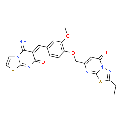ChemSpider 2D Image | 2-Ethyl-7-({4-[(Z)-(5-imino-7-oxo-5H-[1,3]thiazolo[3,2-a]pyrimidin-6(7H)-ylidene)methyl]-2-methoxyphenoxy}methyl)-5H-[1,3,4]thiadiazolo[3,2-a]pyrimidin-5-one | C22H18N6O4S2