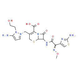 ChemSpider 2D Image | 5-Amino-2-[(7-{[(2-amino-1,3-thiazol-4-yl)(methoxyimino)acetyl]amino}-2-carboxy-8-oxo-5-thia-1-azabicyclo[4.2.0]oct-2-en-3-yl)methyl]-1-(2-hydroxyethyl)-1H-pyrazol-2-ium | C19H23N8O6S2