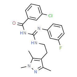ChemSpider 2D Image | 3-Chloro-N-[(Z)-[(3-fluorophenyl)amino]{[2-(1,3,5-trimethyl-1H-pyrazol-4-yl)ethyl]amino}methylene]benzamide | C22H23ClFN5O