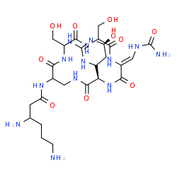 ChemSpider 2D Image | 3,6-Diamino-N-[(3R,6Z)-3-[(4R,6S)-2-amino-6-hydroxy-3,4,5,6-tetrahydro-4-pyrimidinyl]-6-[(carbamoylamino)methylene]-9,12-bis(hydroxymethyl)-2,5,8,11,14-pentaoxo-1,4,7,10,13-pentaazacyclohexadecan-15-y
l]hexanamide | C25H43N13O10