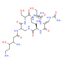 ChemSpider 2D Image | 3,6-Diamino-N-[(3R,6Z)-3-[(4S)-2-amino-3,4,5,6-tetrahydro-4-pyrimidinyl]-6-[(carbamoylamino)methylene]-9,12-bis(hydroxymethyl)-2,5,8,11,14-pentaoxo-1,4,7,10,13-pentaazacyclohexadecan-15-yl]-4-hydroxyh
exanamide | C25H43N13O10