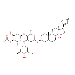 ChemSpider 2D Image | (3beta,5beta,14xi)-3-{[4-O-Acetyl-2,6-dideoxy-alpha-D-ribo-hexopyranosyl-(1->4)-[2,6-dideoxy-alpha-D-ribo-hexopyranosyl-(1->3)]-2,6-dideoxy-alpha-D-ribo-hexopyranosyl]oxy}-14-hydroxycard-20(22)-enolid
e | C43H66O14