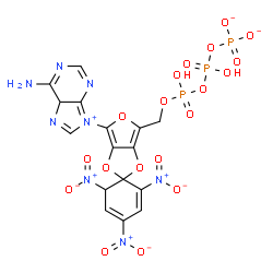 ChemSpider 2D Image | 5H-Purinium, 6-amino-9-[6'-[[[hydroxy[[hydroxy(phosphonooxy)phosphinyl]oxy]phosphinyl]oxy]methyl]-2,4,6-trinitrospiro[cyclohexa-2,4-diene-1,2'-furo[3,4-d][1,3]dioxol]-4'-yl]-, inner salt, ion(1-) | C16H12N8O19P3
