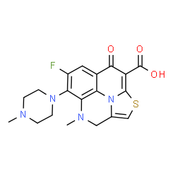 ChemSpider 2D Image | 6-Fluoro-4-methyl-5-(4-methyl-1-piperazinyl)-8-oxo-3,4-dihydro-8H-1-thia-4,9b-diazacyclopenta[cd]phenalene-9-carboxylic acid | C19H19FN4O3S