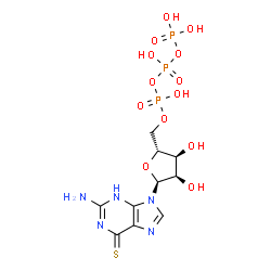 ChemSpider 2D Image | 2-Amino-9-[5-O-(hydroxy{[hydroxy(phosphonooxy)phosphoryl]oxy}phosphoryl)-alpha-D-ribofuranosyl]-3,9-dihydro-6H-purine-6-thione | C10H16N5O13P3S