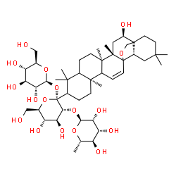 ChemSpider 2D Image | beta-D-Glucopyranosyl 6-deoxy-alpha-L-mannopyranosyl-(1->2)-1-C-[(5xi,9xi,13xi,16alpha,17xi,18alpha)-16-hydroxy-13,28-epoxyolean-11-en-3-yl]-alpha-D-glucopyranoside | C48H78O17