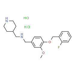 ChemSpider 2D Image | 1-{4-[(2-Fluorobenzyl)oxy]-3-methoxyphenyl}-N-(4-piperidinylmethyl)methanamine dihydrochloride | C21H29Cl2FN2O2