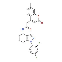 ChemSpider 2D Image | N-[1-(2,4-Difluorophenyl)-4,5,6,7-tetrahydro-1H-indazol-4-yl]-2-(7-methyl-2-oxo-2H-chromen-4-yl)acetamide | C25H21F2N3O3