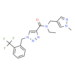 ChemSpider 2D Image | N-Ethyl-N-[(1-methyl-1H-pyrazol-4-yl)methyl]-1-[2-(trifluoromethyl)benzyl]-1H-1,2,3-triazole-4-carboxamide | C18H19F3N6O