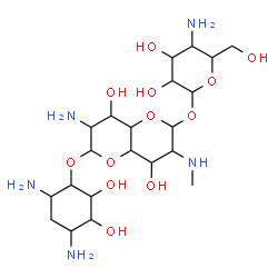 ChemSpider 2D Image | 7-Amino-6-[(4,6-diamino-2,3-dihydroxycyclohexyl)oxy]-4,8-dihydroxy-3-(methylamino)octahydropyrano[3,2-b]pyran-2-yl 4-amino-4-deoxyhexopyranoside | C21H41N5O12