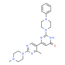 ChemSpider 2D Image | 4'-Methyl-2'-(4-methyl-1-piperazinyl)-2-(4-phenyl-1-piperazinyl)-4,5'-bipyrimidin-6(1H)-one | C24H30N8O