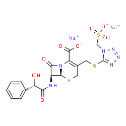 ChemSpider 2D Image | Disodium (6S,7S)-7-{[(2S)-2-hydroxy-2-phenylacetyl]amino}-8-oxo-3-({[1-(sulfonatomethyl)-1H-tetrazol-5-yl]sulfanyl}methyl)-5-thia-1-azabicyclo[4.2.0]oct-2-ene-2-carboxylate | C18H16N6Na2O8S3