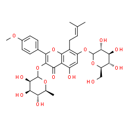ChemSpider 2D Image | 3-[(6-Deoxy-L-mannopyranosyl)oxy]-5-hydroxy-2-(4-methoxyphenyl)-8-(3-methyl-2-buten-1-yl)-4-oxo-4H-chromen-7-yl D-glucopyranoside | C33H40O15