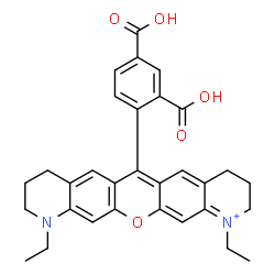ChemSpider 2D Image | 6-(2,4-Dicarboxyphenyl)-1,11-diethyl-3,4,8,9,10,11-hexahydro-2H-pyrido[3',2':6,7]chromeno[3,2-g]quinolin-1-ium | C31H31N2O5