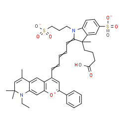 ChemSpider 2D Image | (2E)-3-(3-Carboxypropyl)-2-[(2E,4E)-5-(9-ethyl-6,8,8-trimethyl-2-phenyl-8,9-dihydropyrano[3,2-g]quinolin-1-ium-4-yl)-2,4-pentadien-1-ylidene]-3-methyl-1-(3-sulfonatopropyl)-5-indolinesulfonate | C44H47N2O9S2