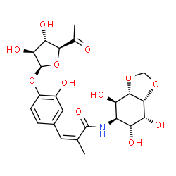 ChemSpider 2D Image | (2Z)-3-{4-[(6-Deoxy-beta-D-arabino-hexofuranosyl-5-ulose)oxy]-3-hydroxyphenyl}-2-methyl-N-[(3aS,4R,5R,6R,7R,7aR)-4,6,7-trihydroxyhexahydro-1,3-benzodioxol-5-yl]acrylamide | C23H29NO12