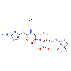 ChemSpider 2D Image | 7-[[(2Z)-2-(2-aminothiazol-4-yl)-2-ethoxyimino-acetyl]amino]-3-[[(3,4-dimethylthiazol-3-ium-2-yl)-methyl-amino]methyl]-8-oxo-5-thia-1-azabicyclo[4.2.0]oct-2-ene-2-carboxylate | C21H25N7O5S3