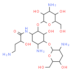 ChemSpider 2D Image | 4-Amino-N-{5-amino-2-[(3-amino-3-deoxyhexopyranosyl)oxy]-4-[(2-amino-2,3-dideoxyhexopyranosyl)oxy]-3-hydroxycyclohexyl}-2-hydroxybutanamide | C22H43N5O12