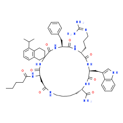 ChemSpider 2D Image | (4R,12S,15S,18R,21S)-21-Benzyl-18-(3-carbamimidamidopropyl)-15-(1H-indol-3-ylmethyl)-5'-isopropyl-3,6,14,17,20,23-hexaoxo-4-(pentanoylamino)-3',4'-dihydro-1'H-spiro[2,7,13,16,19,22-hexaazacyclotricosa
ne-1,2'-naphthalene]-12-carboxamide | C55H74N12O8