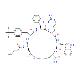 ChemSpider 2D Image | (3S,6R,9S,12R,15R,23S)-9-Benzyl-6-(3-carbamimidamidopropyl)-3-(1H-indol-3-ylmethyl)-2,5,8,11,14,17-hexaoxo-15-(pentanoylamino)-12-[4-(trifluoromethyl)benzyl]-1,4,7,10,13,18-hexaazacyclotricosane-23-ca
rboxamide | C51H65F3N12O8