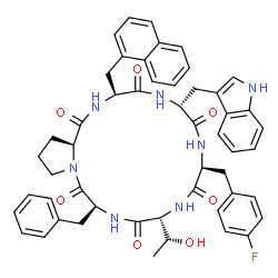 ChemSpider 2D Image | Cyclo[3-(1-naphthyl)-L-alanyl-D-tryptophyl-4-fluoro-L-phenylalanyl-D-threonyl-L-phenylalanyl-L-prolyl] | C51H52FN7O7
