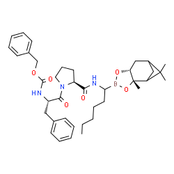 ChemSpider 2D Image | N-[(Benzyloxy)carbonyl]-L-phenylalanyl-N-{1-[(2S,6R)-2,9,9-trimethyl-3,5-dioxa-4-boratricyclo[6.1.1.0~2,6~]dec-4-yl]hexyl}-L-prolinamide | C38H52BN3O6