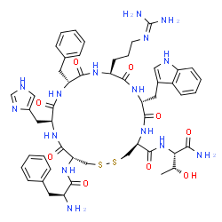 ChemSpider 2D Image | (4S,7R,10S,13R,16S,19R)-N-[(2S)-1-Amino-3-hydroxy-1-oxo-2-butanyl]-13-benzyl-10-(3-carbamimidamidopropyl)-16-(1H-imidazol-4-ylmethyl)-7-(1H-indol-3-ylmethyl)-6,9,12,15,18-pentaoxo-19-(L-phenylalanylam
ino)-1,2-dithia-5,8,11,14,17-pentaazacycloicosane-4-carboxamide | C51H65N15O9S2
