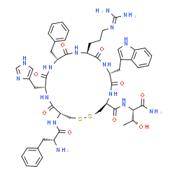 ChemSpider 2D Image | (4S,7R,10S,13R,16R,19R)-N-[(2S)-1-Amino-3-hydroxy-1-oxo-2-butanyl]-13-benzyl-10-(3-carbamimidamidopropyl)-16-(1H-imidazol-4-ylmethyl)-7-(1H-indol-3-ylmethyl)-6,9,12,15,18-pentaoxo-19-(D-phenylalanylam
ino)-1,2-dithia-5,8,11,14,17-pentaazacycloicosane-4-carboxamide | C51H65N15O9S2