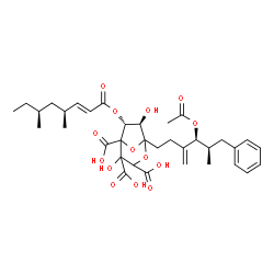 ChemSpider 2D Image | (6R,7R)-1-[(4S,5R)-4-Acetoxy-5-methyl-3-methylene-6-phenylhexyl]-6-{[(2E,4S,6S)-4,6-dimethyl-2-octenoyl]oxy}-4,7-dihydroxy-2,8-dioxabicyclo[3.2.1]octane-3,4,5-tricarboxylic acid | C35H46O14