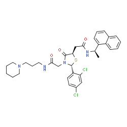 ChemSpider 2D Image | 2-[(2R,5R)-2-(2,4-Dichlorophenyl)-5-(2-{[(1R)-1-(1-naphthyl)ethyl]amino}-2-oxoethyl)-4-oxo-1,3-thiazolidin-3-yl]-N-[3-(1-piperidinyl)propyl]acetamide | C33H38Cl2N4O3S