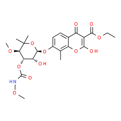 ChemSpider 2D Image | Ethyl 2-hydroxy-7-({(2R,3R,4S,5R)-3-hydroxy-5-methoxy-4-[(methoxycarbamoyl)oxy]-6,6-dimethyltetrahydro-2H-pyran-2-yl}oxy)-8-methyl-4-oxo-4H-chromene-3-carboxylate | C23H29NO12