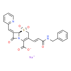 ChemSpider 2D Image | Sodium (6R,7Z)-3-[(1E)-3-(benzylamino)-3-oxo-1-propen-1-yl]-8-oxo-7-(2-pyridinylmethylene)-5-thia-1-azabicyclo[4.2.0]oct-2-ene-2-carboxylate 5,5-dioxide | C23H18N3NaO6S
