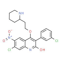 ChemSpider 2D Image | 7-Chloro-3-(3-chlorophenyl)-6-nitro-4-[2-(2-piperidinyl)ethoxy]-2(1H)-quinolinone | C22H21Cl2N3O4