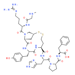ChemSpider 2D Image | N-{[(1R,6S,9S,12S)-9-(4-Hydroxybenzyl)-13-(N-methylglycyl-L-arginyl)-8,11-dioxo-2,3-dithia-7,10,13-triazabicyclo[10.2.1]pentadec-6-yl]carbonyl}-L-histidyl-L-prolyl-L-phenylalanine | C47H63N13O10S2