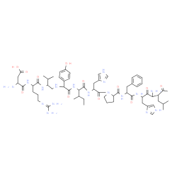 ChemSpider 2D Image | N-[({2-[(alpha-Aspartylarginyl)amino]-3-methylbutyl}amino)(4-hydroxyphenyl)acetyl]isoleucylhistidylprolyl-N-[5-acetyl-4-amino-1-(1H-imidazol-4-yl)-7-methyl-3-oxo-2-octanyl]phenylalaninamide | C63H93N17O12