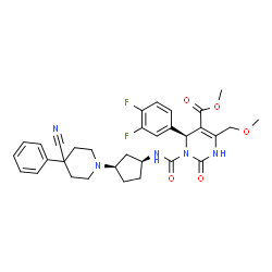 ChemSpider 2D Image | Methyl (4S)-3-{[(1S,3R)-3-(4-cyano-4-phenyl-1-piperidinyl)cyclopentyl]carbamoyl}-4-(3,4-difluorophenyl)-6-(methoxymethyl)-2-oxo-1,2,3,4-tetrahydro-5-pyrimidinecarboxylate | C32H35F2N5O5