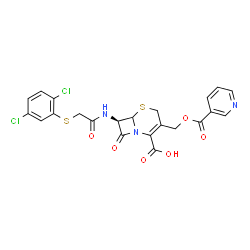 ChemSpider 2D Image | (7R)-7-({[(2,5-Dichlorophenyl)sulfanyl]acetyl}amino)-8-oxo-3-{[(3-pyridinylcarbonyl)oxy]methyl}-5-thia-1-azabicyclo[4.2.0]oct-2-ene-2-carboxylic acid | C22H17Cl2N3O6S2