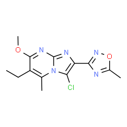 ChemSpider 2D Image | 3-Chloro-6-ethyl-7-methoxy-5-methyl-2-(5-methyl-1,2,4-oxadiazol-3-yl)imidazo[1,2-a]pyrimidine | C13H14ClN5O2