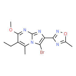 ChemSpider 2D Image | 3-Bromo-6-ethyl-7-methoxy-5-methyl-2-(5-methyl-1,2,4-oxadiazol-3-yl)imidazo[1,2-a]pyrimidine | C13H14BrN5O2