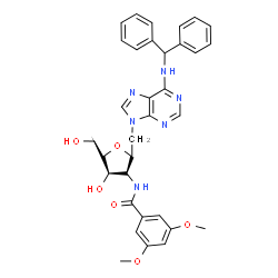 ChemSpider 2D Image | 2,5-Anhydro-4,6-dideoxy-4-[(3,5-dimethoxybenzoyl)amino]-6-{6-[(diphenylmethyl)amino]-9H-purin-9-yl}-D-ribo-hexitol | C33H34N6O6