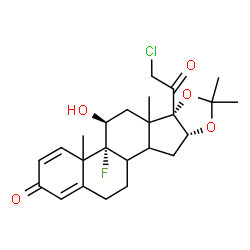 ChemSpider 2D Image | (4bR,5S,6bS,9aR)-6b-(Chloroacetyl)-4b-fluoro-5-hydroxy-4a,6a,8,8-tetramethyl-4a,4b,5,6,6a,6b,9a,10,10a,10b,11,12-dodecahydro-2H-naphtho[2',1':4,5]indeno[1,2-d][1,3]dioxol-2-one | C24H30ClFO5