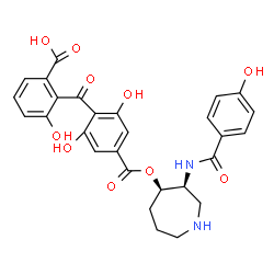 ChemSpider 2D Image | 2-{2,6-Dihydroxy-4-[({(3S,4R)-3-[(4-hydroxybenzoyl)amino]-4-azepanyl}oxy)carbonyl]benzoyl}-3-hydroxybenzoic acid | C28H26N2O10