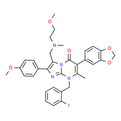 ChemSpider 2D Image | 6-(1,3-Benzodioxol-5-yl)-8-(2-fluorobenzyl)-3-{[(2-methoxyethyl)(methyl)amino]methyl}-2-(4-methoxyphenyl)-7-methylimidazo[1,2-a]pyrimidin-5(8H)-one | C33H33FN4O5