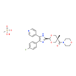ChemSpider 2D Image | {trans-2-[4-(4-Fluorophenyl)-5-(4-pyridinyl)-1H-imidazol-2-yl]-5-methyl-1,3-dioxan-5-yl}(4-morpholinyl)methanone methanesulfonate (1:1) | C25H29FN4O7S