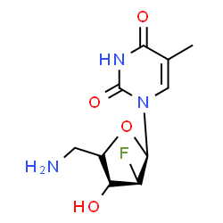 ChemSpider 2D Image | 1-(5-Amino-2,5-dideoxy-2-fluoro-alpha-L-glycero-pentofuranosyl)-5-methyl-2,4(1H,3H)-pyrimidinedione | C10H14FN3O4